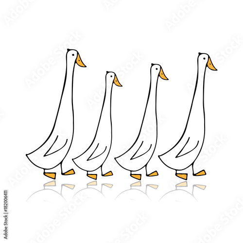 Funny goose family, sketch for your design