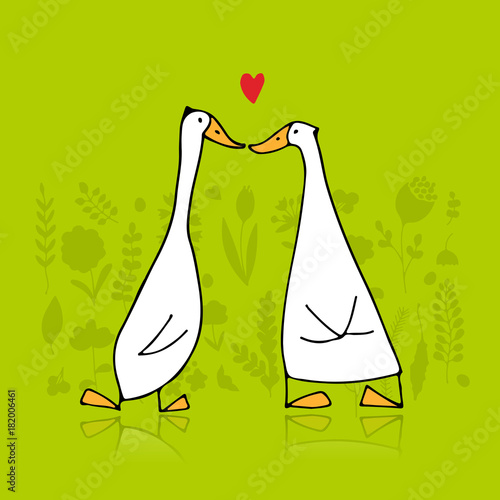 Funny goose couple, sketch for your design