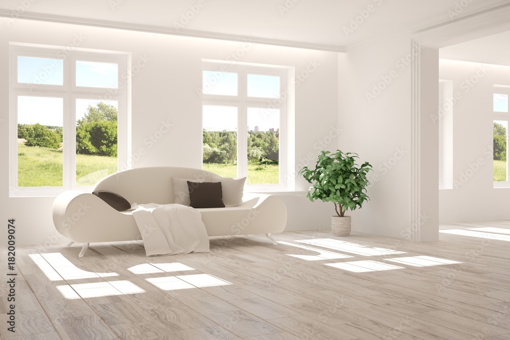 Fototapeta premium Idea of white room with sofa and summer landscape in window. Scandinavian interior design. 3D illustration