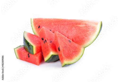 portion cut ripe watermelon white seed on white background