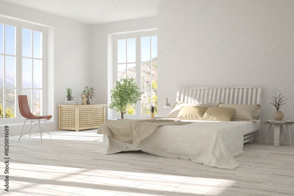 Obraz premium Idea of white minimalist bedroom. Scandinavian interior design. 3D illustration