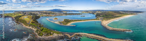 Aerial panorama of beautiful coastal town Narooma, NSW, Australia