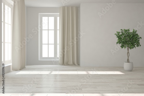 White empty room with green flower. Scandinavian interior design. 3D illustration