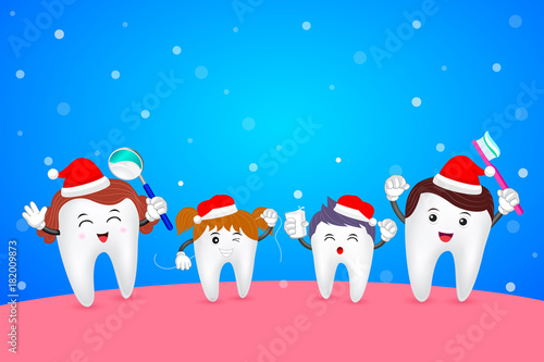 Happy family tooth with Santa hat. Merry Christmas and Happy new year with snow. illustration on blue background.
