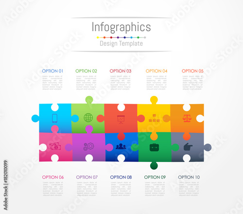 Infographic design elements for your business data with 10 options, parts, steps, timelines or processes. Jigsaw puzzle concept, Vector Illustration.