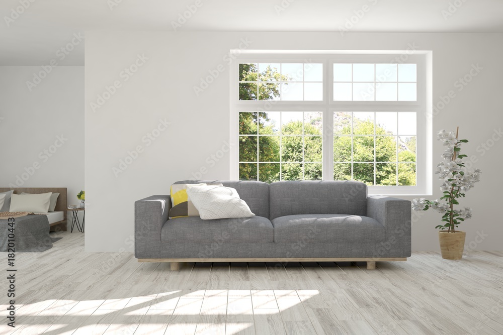 Idea of white room with sofa and summer landscape in window. Scandinavian interior design. 3D illustration Idea of white room with sofa and summer landscape in window. Scandinavian interior design. 3D illustration