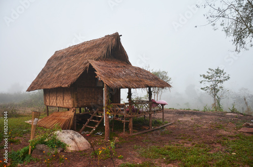 Wooden hut of resort and homestay for travelers people rest in morning time at Ban Bo Kluea village
