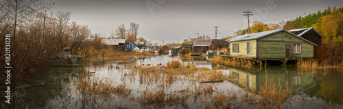 Finn Slough Panorama. The historic fishing settlement of Finn Slough on the banks of the Fraser River near Steveston in Richmond, British Columbia, Canada.

