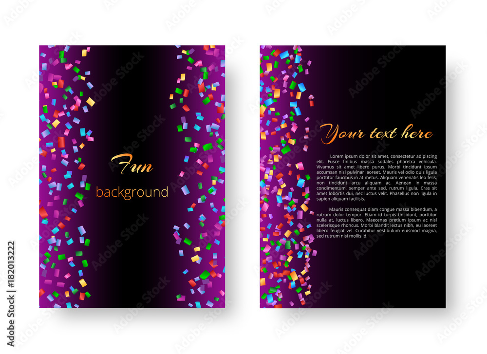 Template for design of greeting card with bright colored confetti on a lilac background for congratulatory design