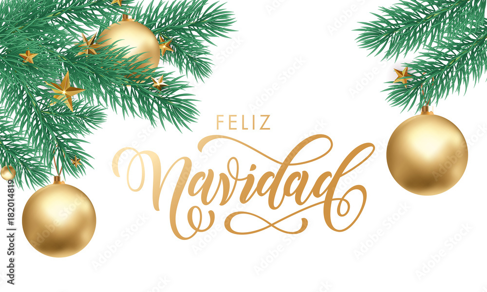 Feliz Navidad Spanish Merry Christmas hand drawn golden calligraphy and Christmas gold ball and star decoration ornament. Vector winter New Year holiday greeting card white snow background template