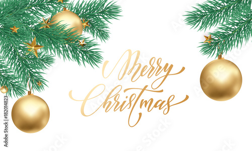 Merry Christmas and Happy New Year golden hand drawn quote calligraphy font and golden star ornament for holiday greeting card. Vector Christmas tree branch decoration on white background template