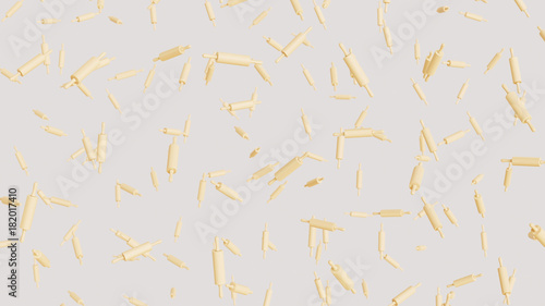 Numerous rolling pins floating on a clean white background