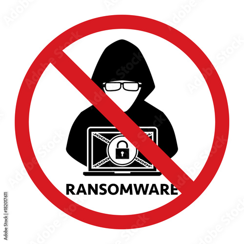 Stop hacker ransomware forbidden signal icon on white background. Vector illustration cybercrime technology data privacy and security concept.