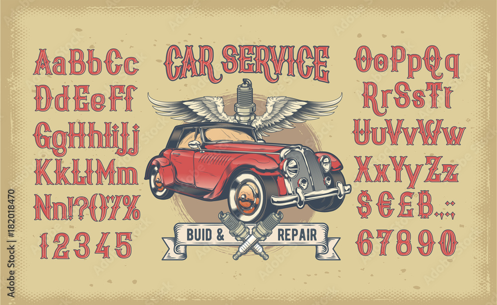 Φωτογραφία Vector illustration of vintage red latin font with letters and numbers and retro cars
