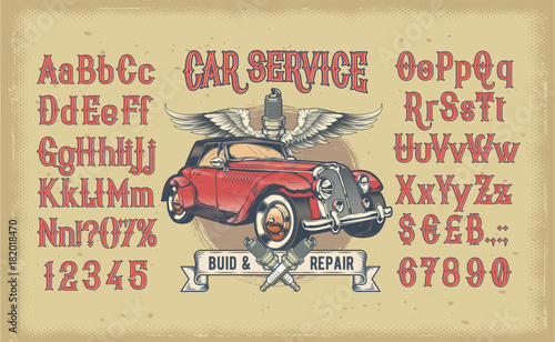 Vector illustration of vintage red latin font with letters and numbers and re...
