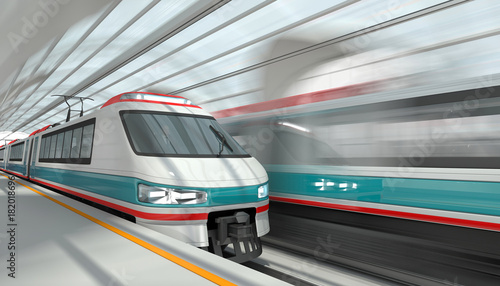 High-speed trains at a station with a glass roof. 3d image