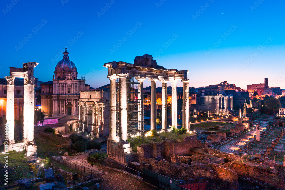 Night photo of Rome and Roman Forum in Autumn (Fall) on a blue hour