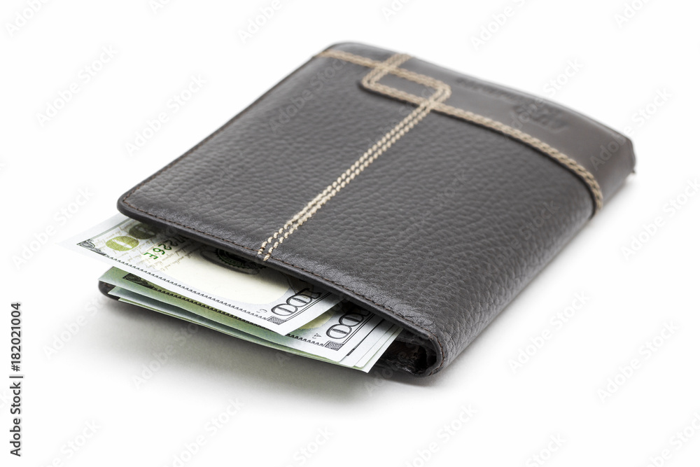 Black leather wallet with cash dollars on a white background. Black leather wallet with cash dollars on a white background.
