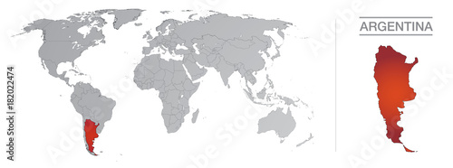 Argentina in the world, with borders and all the countries of the world separated 