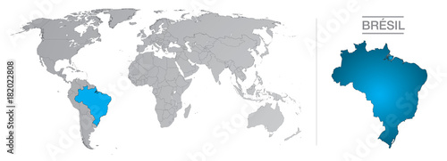 Brésil dans le monde, avec frontières et tous les pays du monde séparés