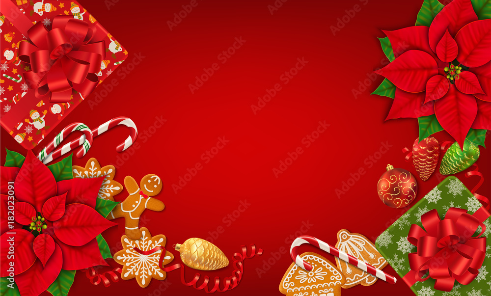 Horizontal Christmas banner with place for text. Poinsettia, gingerbread cookies, candy canes, Christmas ornaments and gift boxes on the bright red background. Top view. Vector Horizontal Christmas banner with place for text. Poinsettia, gingerbread cookies, candy canes, Christmas ornaments and gift boxes on the bright red background. Top view. Vector
