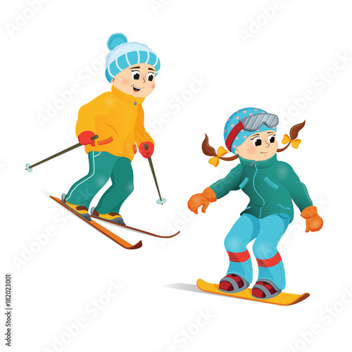 Happy, smiling boy in warm clothes skiing downhill, winter sport activity, retro style cartoon vector illustration isolated on white background. Happy boy skiing, winter vacation, outdoor activity