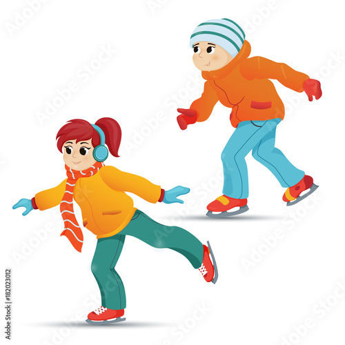 Teenage boy and girl ice skating, winter sport activity, retro cartoon vector illustration isolated on white background. Two friends, boy and girl, ice skating, winter vacation, outdoor activity