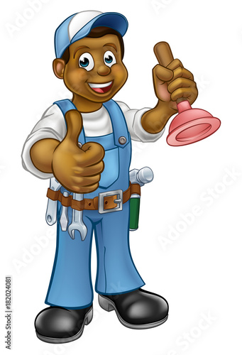 Cartoon Black Plumber Handyman Holding Punger