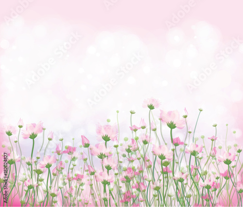 Vector pink flowers on bokeh background.