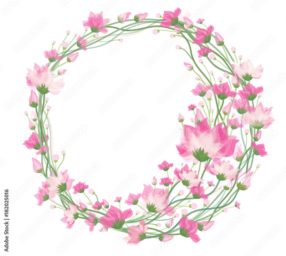 Vector pink, floral circle frame isolated.