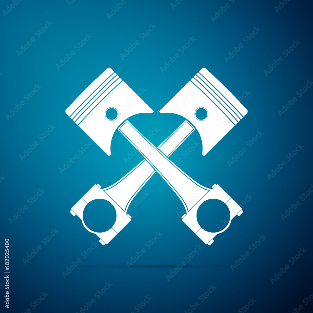 Two crossed engine pistons icon isolated on blue background. Flat design. Vector Illustration Two crossed engine pistons icon isolated on blue background. Flat design. Vector Illustration