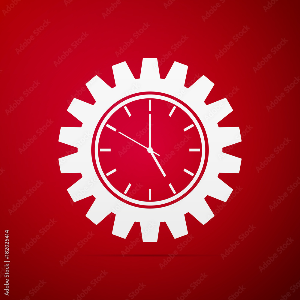 Clock gear icon isolated on red background. Flat design. Vector Illustration Clock gear icon isolated on red background. Flat design. Vector Illustration