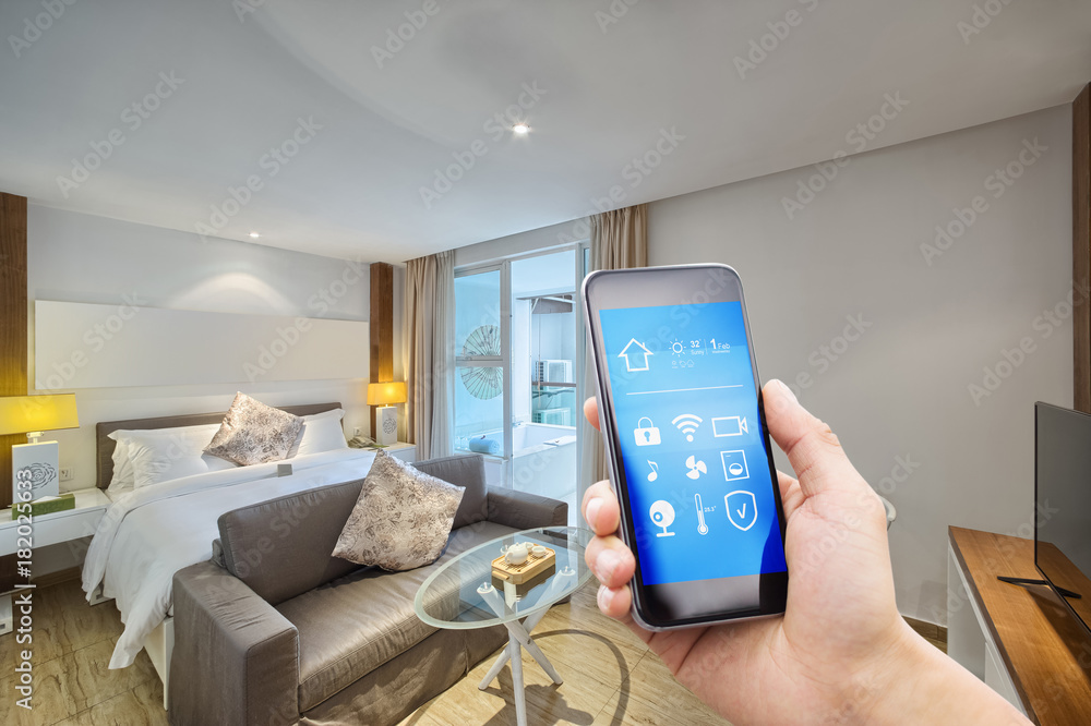 smart phone with smart home with modern bedroom smart phone with smart home with modern bedroom