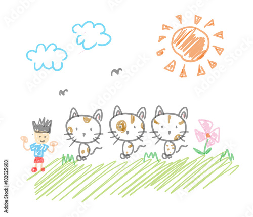 三匹の三毛猫と僕のお散歩 子供の落書き風 遠近法無視 どことなく不気味なイラスト Stock イラスト Adobe Stock 三匹の三毛猫と僕のお散歩 子供の落書き風 遠近法無視 どことなく不気味なイラスト Stock イラスト Adobe Stock