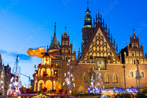 Christmas market at evening in Wroclaw, Poland