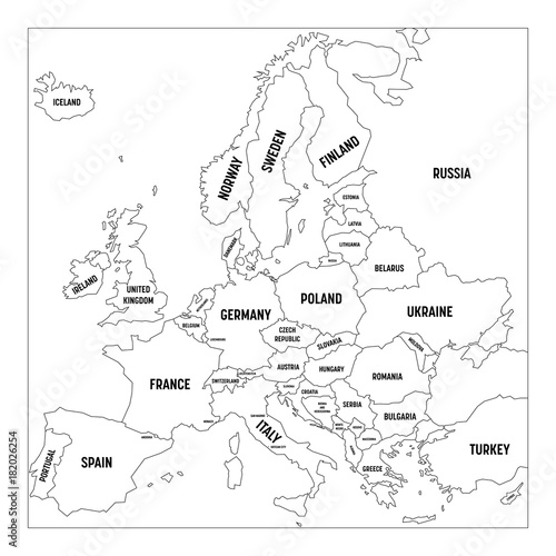 Outline map of Europe. Simplified wireframe map of black lined borders. Vector illustration.