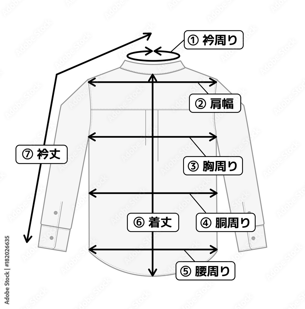 ワイシャツ 長袖シャツ 寸法表 サイズ表用イメージイラスト Stock ベクター Adobe Stock