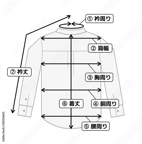 ワイシャツ・長袖シャツ　寸法表・サイズ表用イメージイラスト