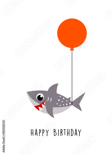 cute little shark happy birthday greeting with balloon photo