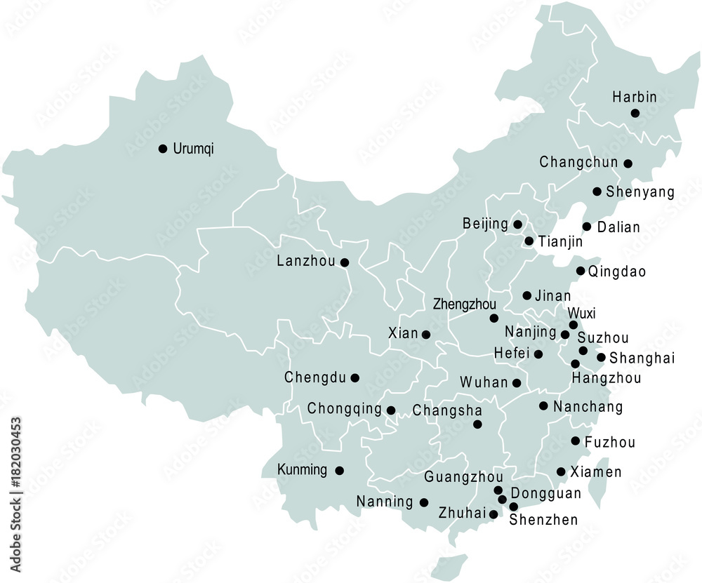 China Country Map With City Name Labels