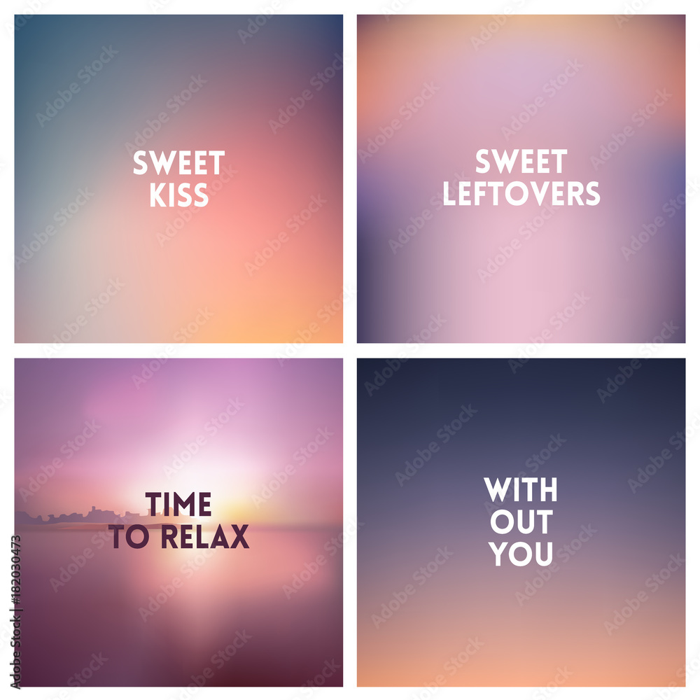 Fototapeta premium Abstract vector fog blurred background set. Square blurred background - sky clouds colors With love quotes