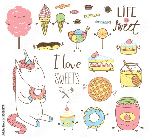Set of different hand drawn sweet food doodles, with kawaii cartoon faces, wings, arms and legs, unicorn eating donut, typography. Isolated objects on white background. Design concept dessert, kids.