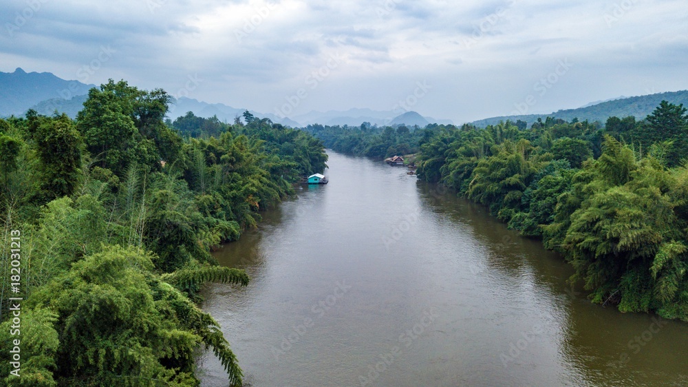 Aerial shot of Kwai river in Thailand Aerial shot of Kwai river in Thailand