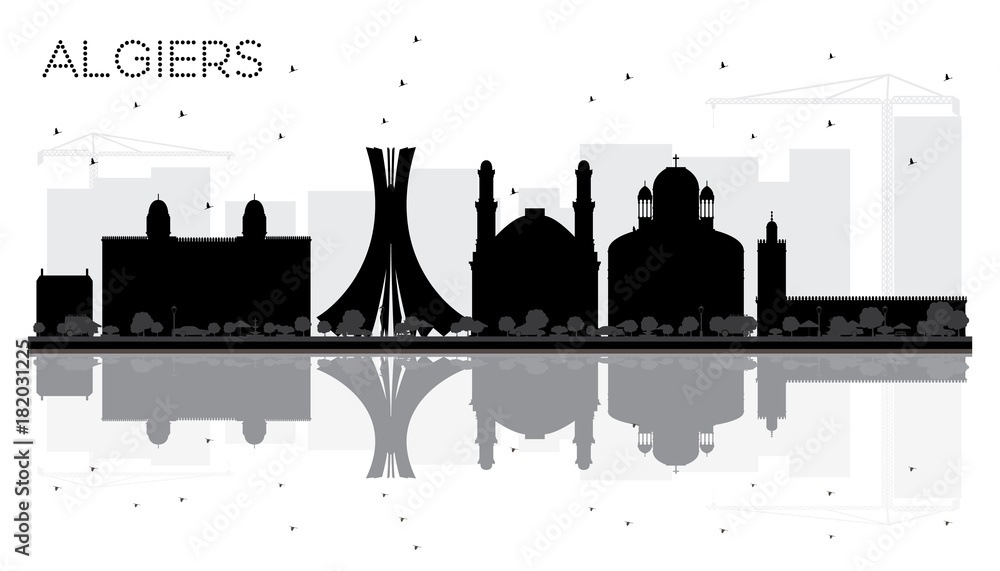 Algiers City skyline black and white silhouette with Reflections.