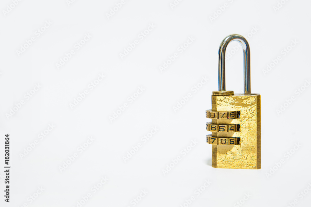 Padlock luggage lock code on white background with copy space for your text Padlock luggage lock code on white background with copy space for your text