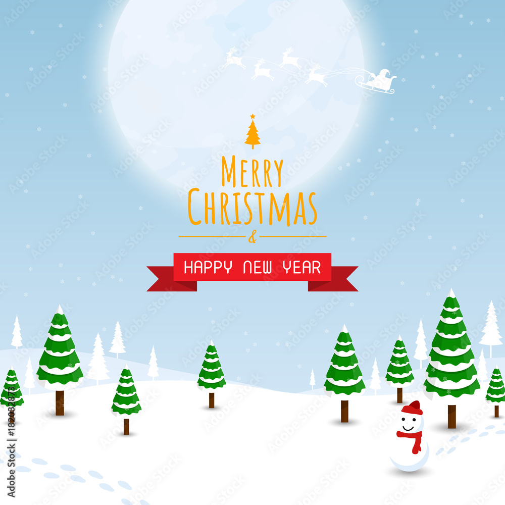 christmas and happy new year background,christmas tree big moon and santa vector