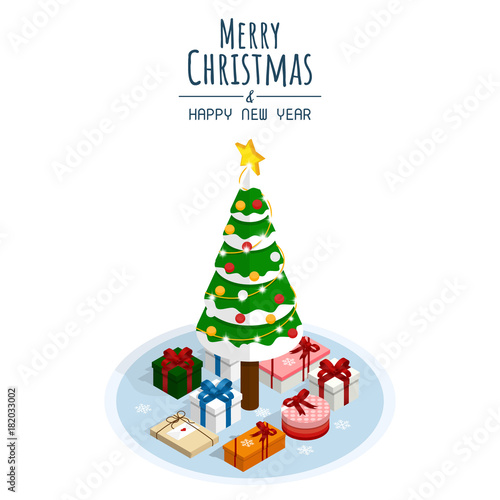 merry christmas and happy new year,isometric christmas snow tree gift box vector