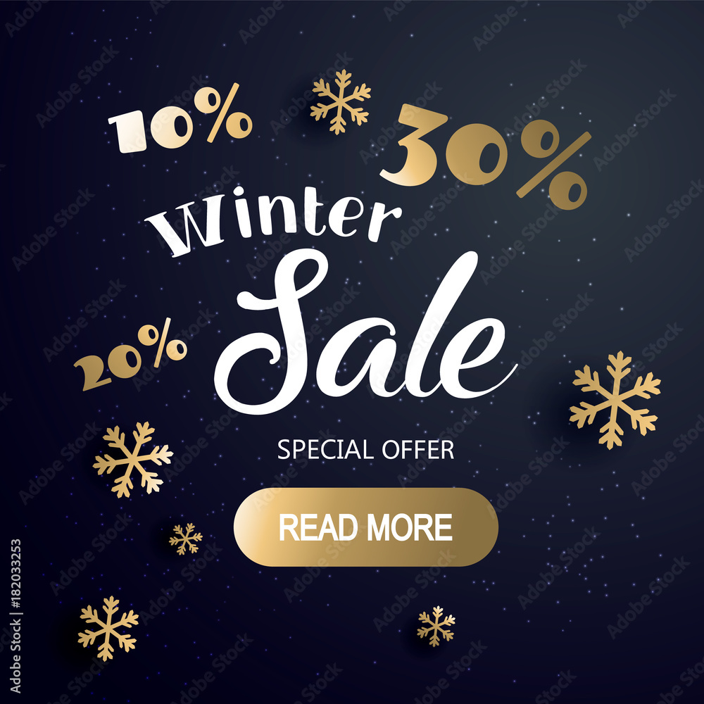 Christmas sale  banner with text and snowflake, vector illustration. Can be used as Christmas greeting card, poster or banner. Vector golden glittering stars, snowflakes and lettering