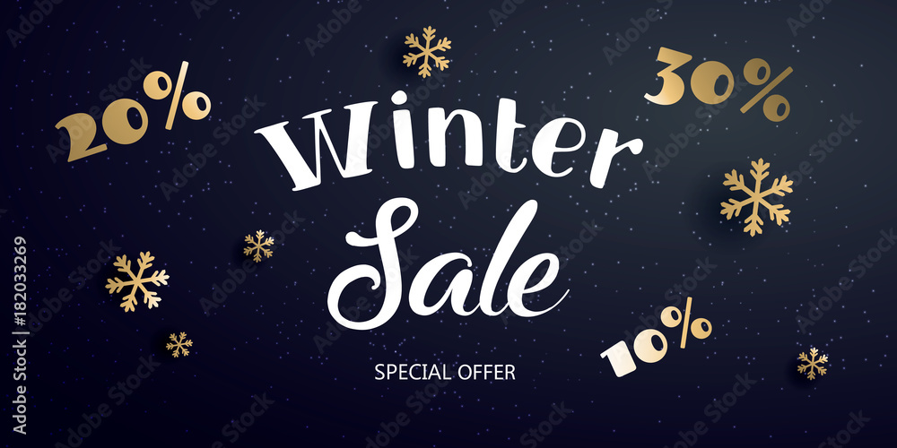 Christmas sale banner with text and snowflake, vector illustration. Can be used as Christmas greeting card, poster or banner. Vector golden glittering stars, snowflakes and lettering Christmas sale banner with text and snowflake, vector illustration. Can be used as Christmas greeting card, poster or banner. Vector golden glittering stars, snowflakes and lettering