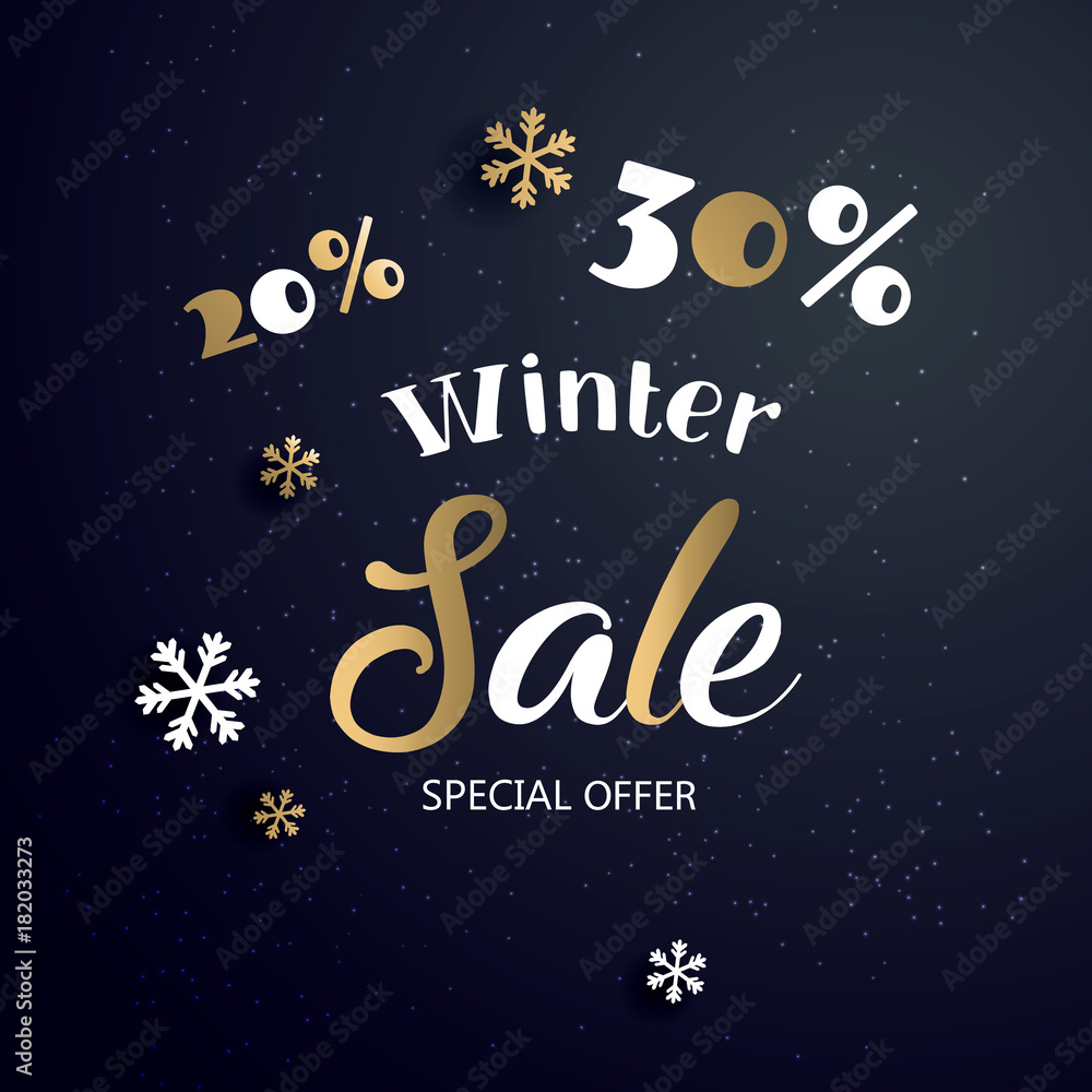2022 Christmas sale  banner with text and snowflake, vector illustration. Can be used as Christmas greeting card, poster or banner. Vector golden glittering stars, snowflakes and lettering